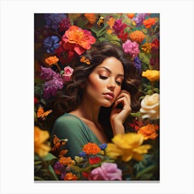 A Portrait Of A Woman Lost In Thought and flowers Canvas Print