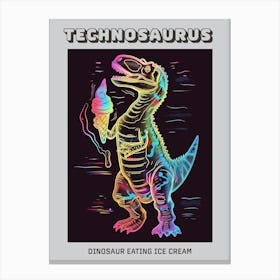 Neon Dinosaur Line Illustration Eating Ice Cream Poster Canvas Print