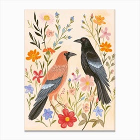 Folksy Floral Animal Drawing Raven 8 Canvas Print