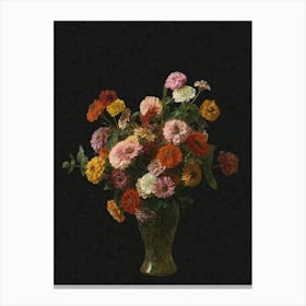 Zinnias, Flowers In A Vase, Dark Moody Floral Still Life Vintage Art Canvas Print