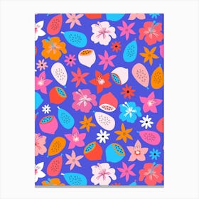 Bright and Bold Tropical Fruits and Flowers - Pink Red Orange Blue Canvas Print