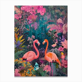Retro Flamingoes In A Garden 3 Canvas Print