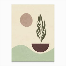 Minimalist Plant Silhouette with Textured Sun Canvas Print