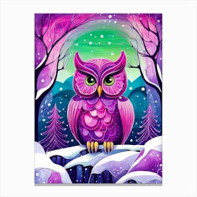 Pink Owl Snowy Landscape Painting (15) Canvas Print