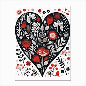 Heart Floral Linocut Style White Background Canvas Print