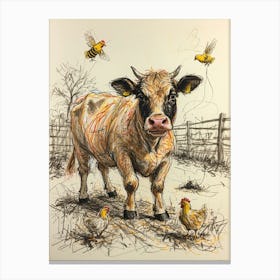 Cow And Chickens 2 Canvas Print