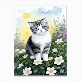 Cute Kitten And Flowers Watercolor 3 Canvas Print