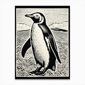 B&W Bird Linocut Penguin 4 Canvas Print