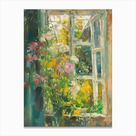 Chrysanthemum Flowers On A Cottage Window 1 Canvas Print