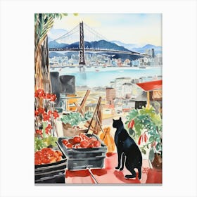 Food Market With Cats In San Francisco 1 Watercolour Canvas Print