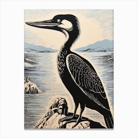 B&W Bird Linocut Cormorant 1 Canvas Print