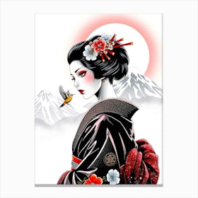 Geisha with Bird a AT Mountains - Color Sketch Canvas Print