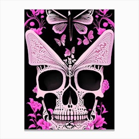 Skull With Butterfly 1 Motifs Pink Linocut Canvas Print