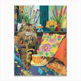 Tea Time With A Maine Coon Cat 3 Canvas Print