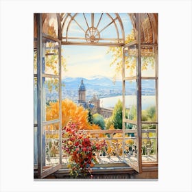 Window View Of Geneva Switzerland In Autumn Fall, Watercolour 1 Canvas Print
