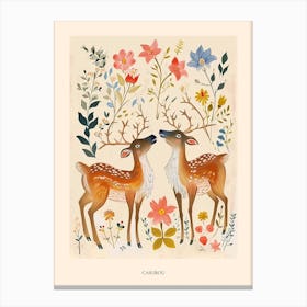Folksy Floral Animal Drawing Caribou 2 Poster Canvas Print