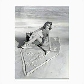 Ava Gardner Posing On Beach Wearing Bikini By With 4th July 1943 Written Into The Sand Canvas Print