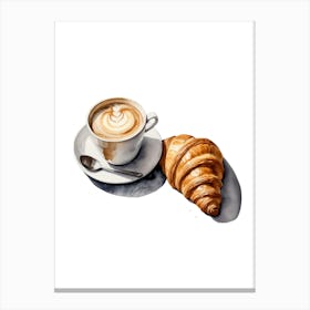 Coffee And Croissant Watercolor Illustration Canvas Print