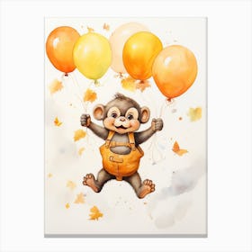Monkey Flying With Autumn Fall Pumpkins And Balloons Watercolour Nursery 1 Canvas Print