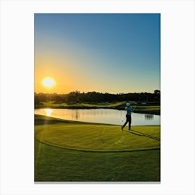 Golfer Mid Swing By A Radiant Sunset Silhouetted On A Serene Golf Course Rolling Hills Backlit By Canvas Print