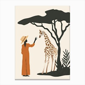 Giraffe And Woman Canvas Print