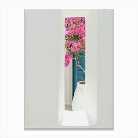 Santorini Art Print - Pink Flowers Canvas Print