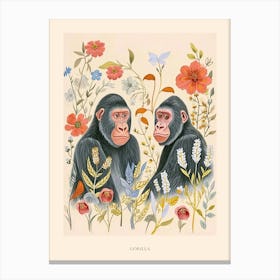 Folksy Floral Animal Drawing Gorilla 2 Poster Canvas Print