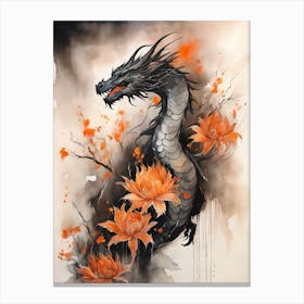 Japanese Dragon Abstract Flowers Painting (7) Canvas Print