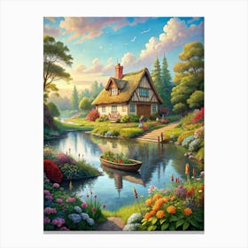 A Serene And Tranquil Illustration Of A Quaint Rur Canvas Print