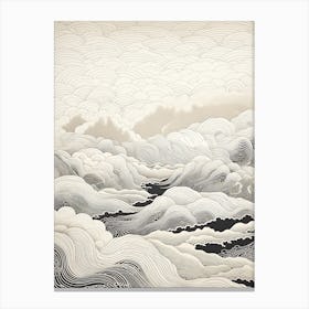Chugoku Mountains In Multiple Prefectures, Ukiyo E Black And White Line Art Drawing 2 Canvas Print