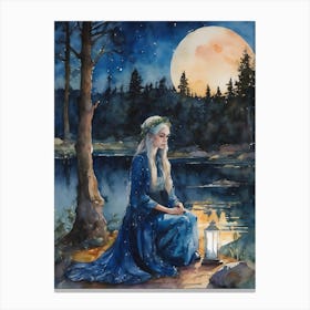 Blue Lotus Elven Lady ~ Praying Meditating Yoga Full Moon Sacred Space Witchy Pagan Elf Watercolor Painting Canvas Print