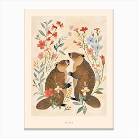 Folksy Floral Animal Drawing Beaver 2 Poster Canvas Print