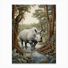 Rhino In The Stream Deep In The Forest Realistic Illustration 2 Canvas Print