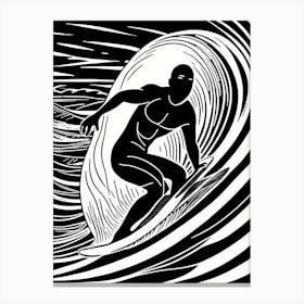 Surfer On A Wave Linocut Black And White Painting Solid White Background, into the water, surfing Canvas Print