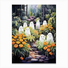 Cute Bedsheet Ghost, Botanical Halloween Watercolour 91 Canvas Print