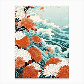 Great Wave With Chrysanthemum Flower Drawing In The Style Of Ukiyo E 2 Canvas Print
