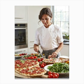 A French Chef Female Poised And Graceful Slices Juicy Cherry Tomatoes With A Kitchen Knife Raw B (1) Canvas Print