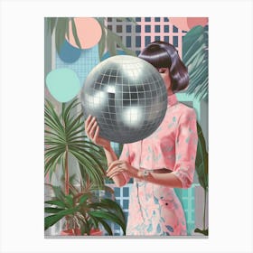 Woman With Purple Hair Holding A Disco Ball And Plants Canvas Print