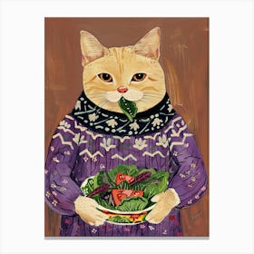 Cute Tan Cat Eating A Salad Folk Illustration 1 Canvas Print