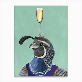Quail With Champagne Glass Green & Grey Canvas Print