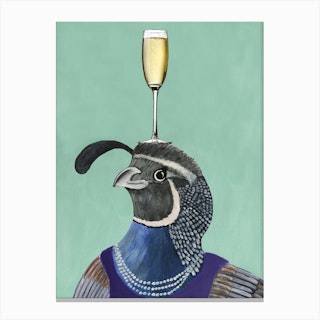 Quail With Champagne Glass Green & Grey Canvas Print