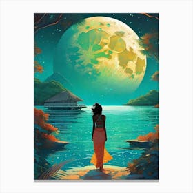 Maldives Girl ~ Tropical Island Full Moon Travel Adventure Visionary Wall Decor Futuristic Sci-Fi Trippy Surrealism Modern Digital Mandala Awakening Fractals Spiritual Artwork Psychedelic Colorful Cubic   Canvas Print