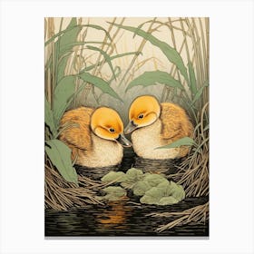 Ducklings With Pond Weed Japanese Woodblock Style 2 Canvas Print