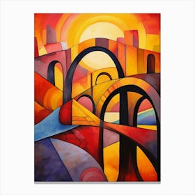 Bridges at Sunset III, Colorful Abstract Painting in Picasso Cubism Style Canvas Print