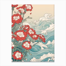 Great Wave With Sweet William Flower Drawing In The Style Of Ukiyo E 1 Canvas Print