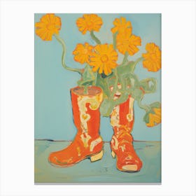 Painting Of Yellow Flowers And Cowboy Boots, Oil Style 13 Canvas Print