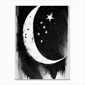Crescent Moon And 1 Star Symbol Black And White Painting Canvas Print