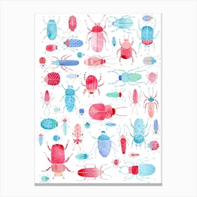 Beetles and Bugs Pink and Blue Watercolor Canvas Print