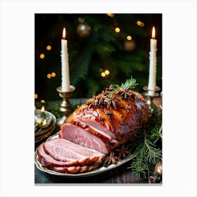 An Entregouted View Of A Glazed Spiced Pork Ham Festooned With A Crown Of Cloves Set On A Lavish C (2) Canvas Print