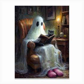 Ghost Reading with Black Cat Canvas Print